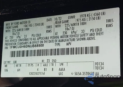 2022 Ford Escape Sel z USA, uszkodzony, nr VIN 1FMCU0H60NUB88900